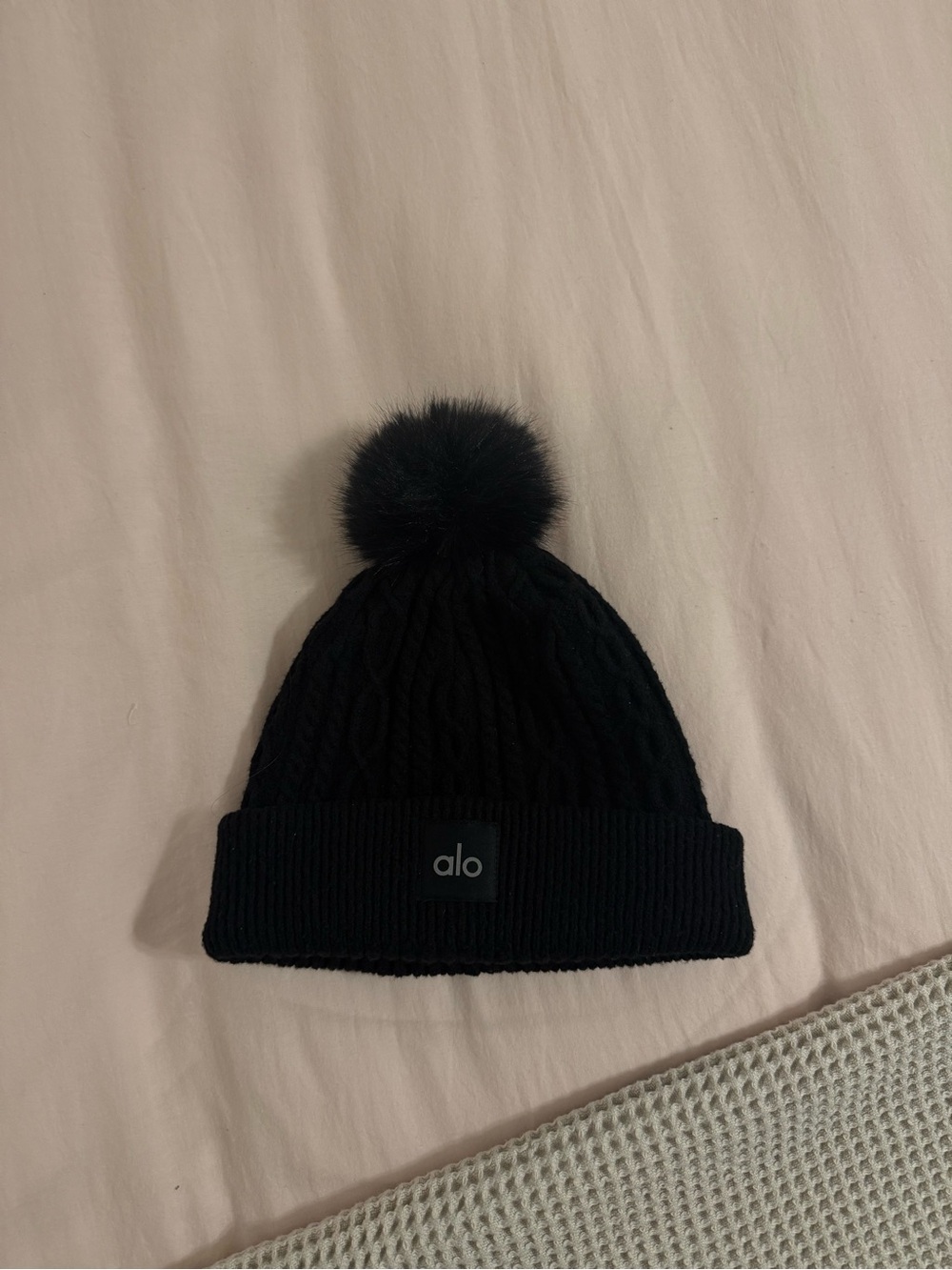 ALO Yoga Kids Black Pom-Pom Cable Knit Beanie